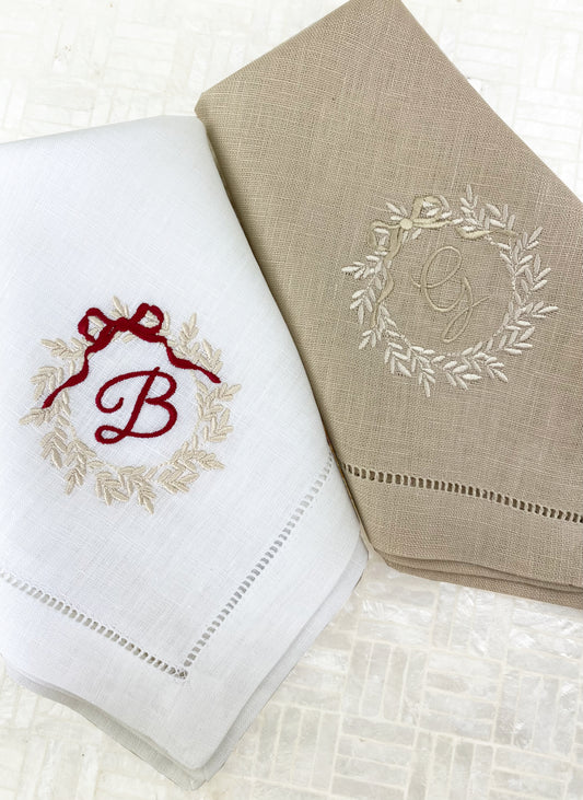 Ivory Wreath Monogram Table Napkins, Set of 2