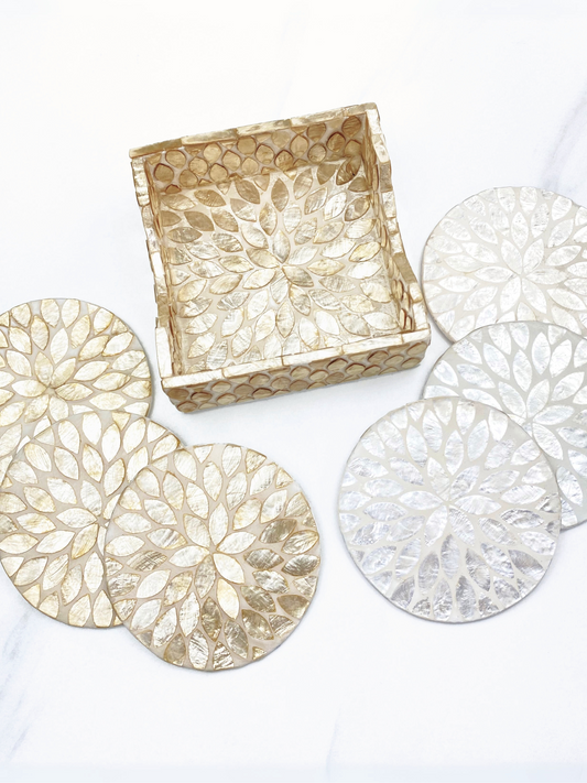 Calla Reversible Capiz Coasters, Set of 6 with Case
