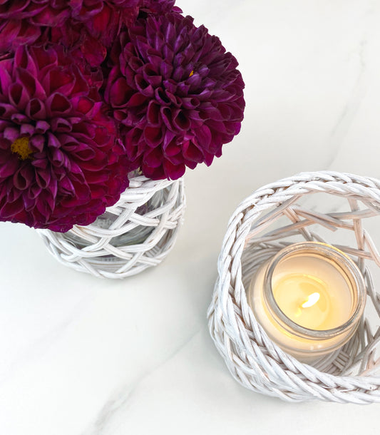 Coastal White Wicker Votive Candle Holders, Set of 2