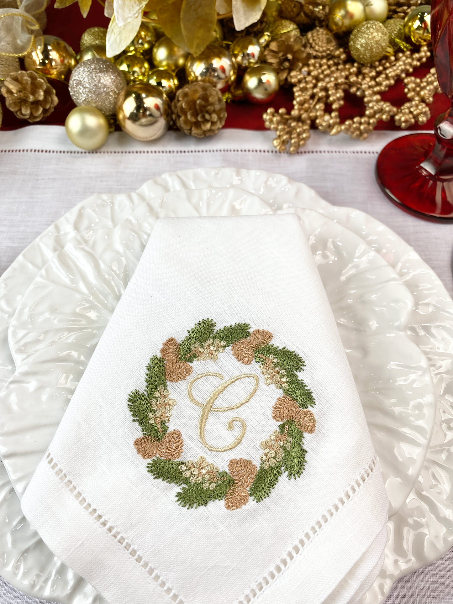 Carol Wreath Monogram Table Napkins, Set of 2