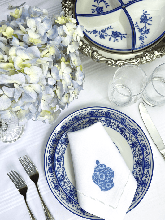 Chinoiserie Vase Hand Embroidered Table Napkins, Set of 2