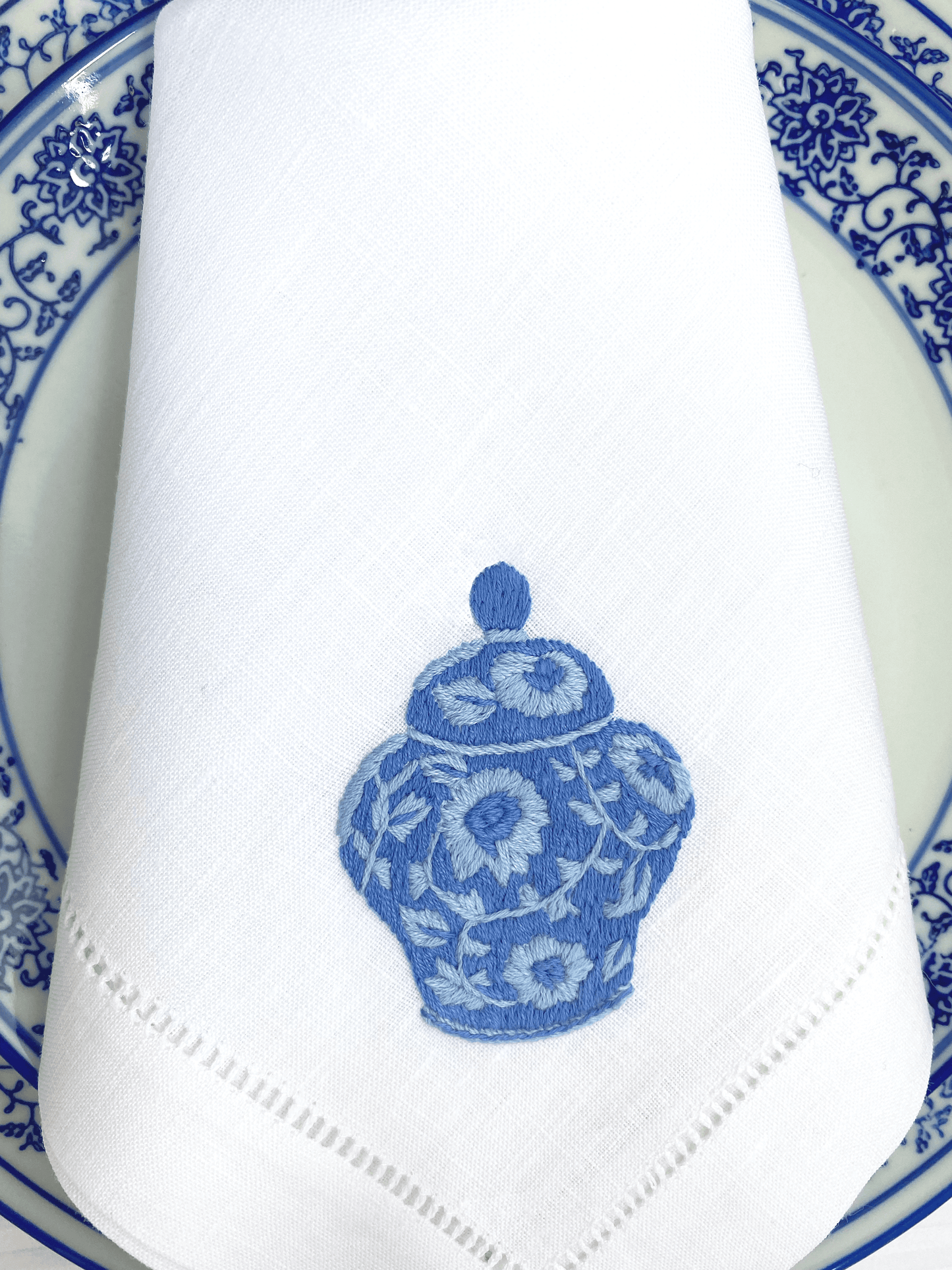 Chinoiserie Vase Hand Embroidered Table Napkins, Set of 2